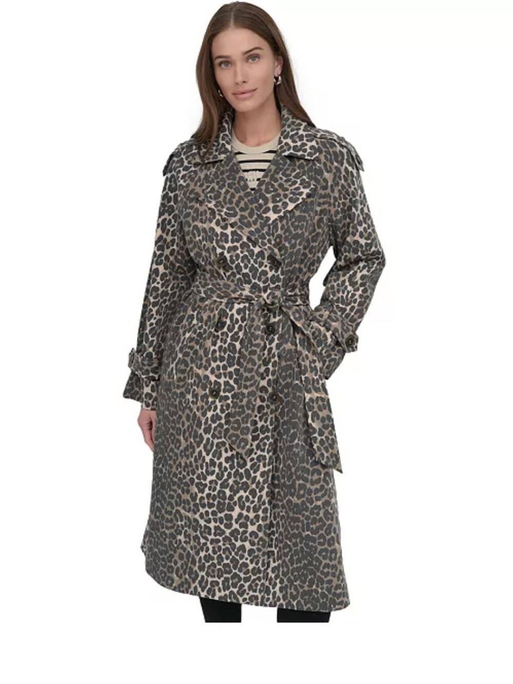 DKNY Women's Belted Double-Breasted Trench Coat In The Color Leopard - Picture 2 of 15